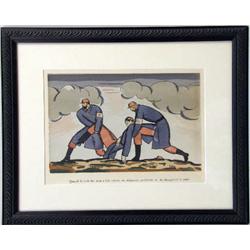 A POLYCHROME DOUBLE-SIDED LITHOGRAPH DEPICTING THE BRUTALITY OF WAR