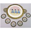 Image 1 : AN ARTS AND CRAFTS GILT METAL AND PORCELAIN CIRCULAR TRAY AND SIX MATCHING COASTERS