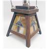 Image 2 : AN ARTS AND CRAFTS LEADED STAINED GLASS AND OAK PENDANT CEILING LAMP