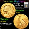 ***Auction Highlight*** 1908-p Gold Indian Half Eagle $5 Graded ms65 By SEGS (fc)
