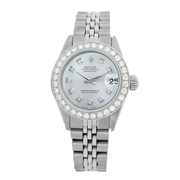 Rolex Pre-owned 26mm Womens Custom Light Blue Stainless Steel