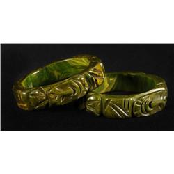 Lot of 2: Bakelite Green Carved Bracelets.