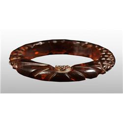 Bakelite Root Beer Colored Floral Carved Bracelet.