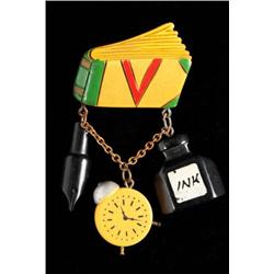 Bakelite School Pin with Book & Suspended Charms.