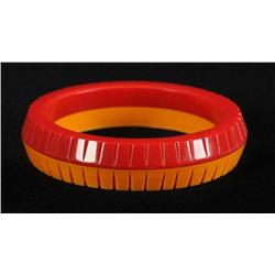 Bakelite Cream & Red Bracelet Carved to Point.