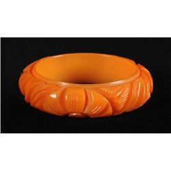 Bakelite Deeply Carved Orange Floral Bracelet.