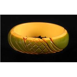 Bakelite Laminated Green & Cream Carved Bracelet.
