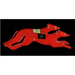 Bakelite Red Neck-and-Neck Greyhound Pin.