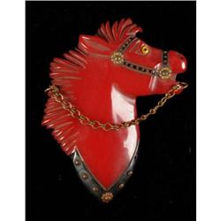 Bakelite Red Horse Pin with Metal Chain.