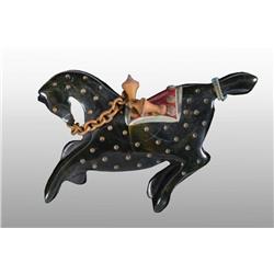 Bakelite Blue & Green Horse with Metal Chain Pin.