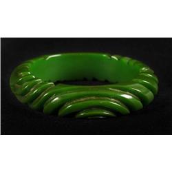 Bakelite Carved Geometric Green Bracelet.