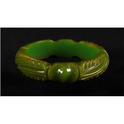 Bakelite Deeply Carved Green Leaf Bracelet.