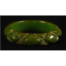 Bakelite Deeply Carved Geometric Green Bracelet.