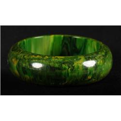 Bakelite Marbleized Green Thick Bangle Bracelet.