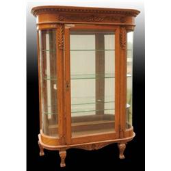 Oak Display Case with Curved Glass Sides.