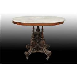 Walnut Marble Top Oval Victorian Table.