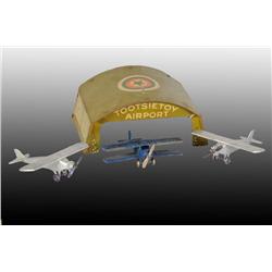 Tin Tootsie Toy Airplane Hanger with 3 Airplanes.