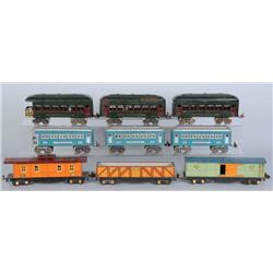 Lot of 9: Lionel O-Gauge Passenger & Freight Cars.