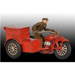 Cast Iron Police Delivery Motorcycle Toy & Driver.