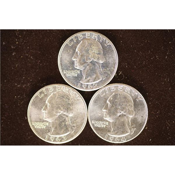 1962, 1963 AND 1964-D WASHINGTON SILVER QUARTERS