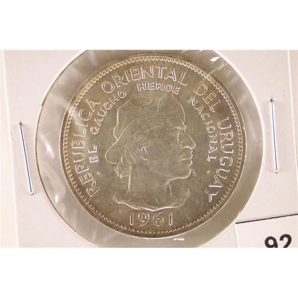 1961 URUGUAY  SILVER 10 PESOS UNC .3617 OZ. ASW