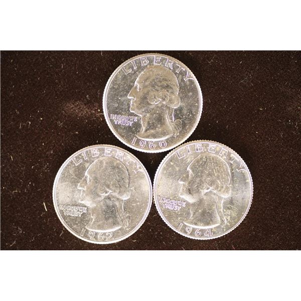 1960, 1962 & 1964-D WASHINGTON SILVER QUARTERS