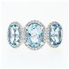 Image 4 : Platinum & 18k Gold 4.18 ctw 3 Stone Oval Aquamarine Ring w/ Round Diamond Halos