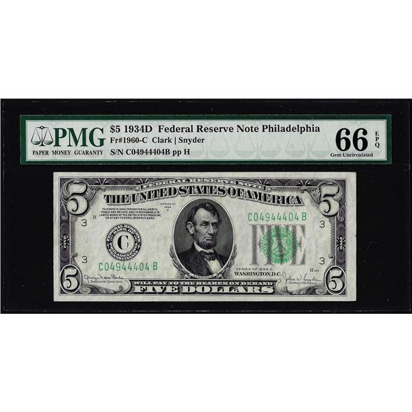 1934D $5 Federal Reserve Note Philadelphia Fr.1960-C PMG Gem Uncirculated 66EPQ