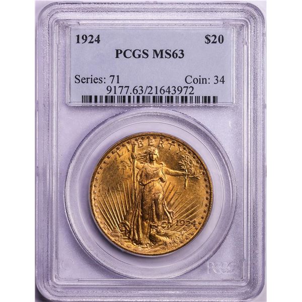 1924 $20 St. Gaudens Double Eagle Gold Coin PCGS MS63