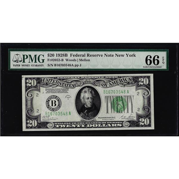 1928B $20 Federal Reserve Note New York Fr.2052-B PMG Gem Uncirculated 66EPQ