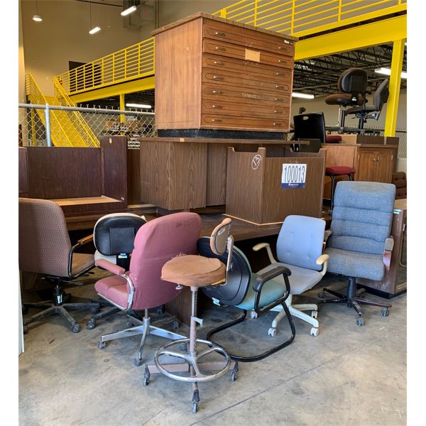 DESKS, CHAIRS, BOOKCASES, PLAN FILE CABINET, FILE CABINETS, TABLE, Selling Offsite: Located in Fayet