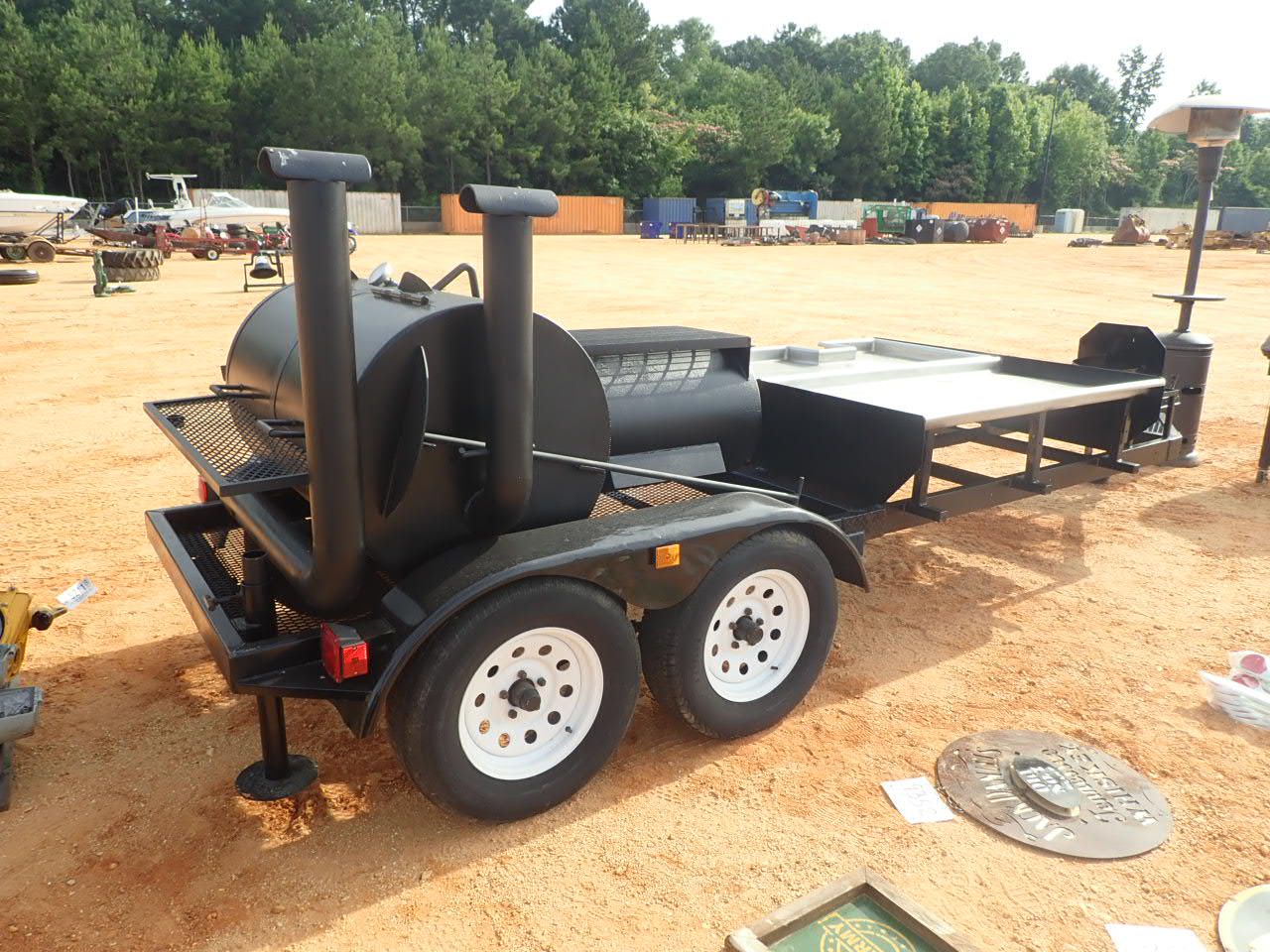 BarBQue/Smoker grill, w/3 propane burners, stainless steel serving area, mtd on T/A trailer