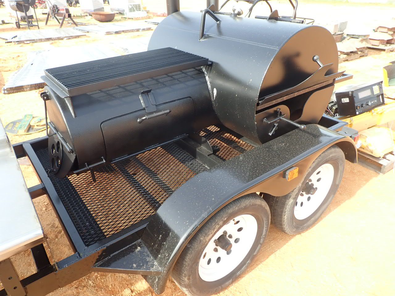 BarBQue/Smoker grill, w/3 propane burners, stainless steel serving area, mtd on T/A trailer