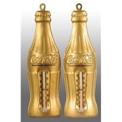 Lot of 2: Coca-Cola Gold Bottle Thermometers.