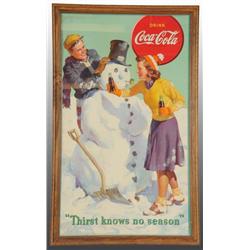 Cardboard Coca-Cola Snowman Vertical Sign.