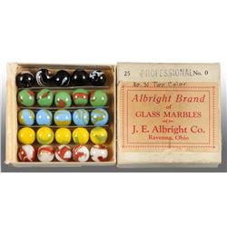 Glass Albright Brand Marble Box with Marbles.