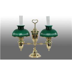 Brass Double Student Lamp with Green Glass Shade.