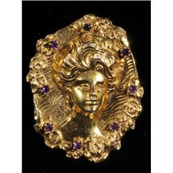 Art Nouveau 14K Yellow Gold Lady Brooch.