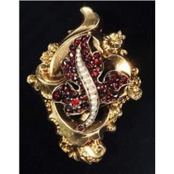 Gold Brooch with Garnets & Seed Pearls.