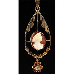 Antique Gold Pendant & Cameo with Small Diamond.