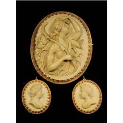 Antique Carved Lava Brooch & Earrings Set.