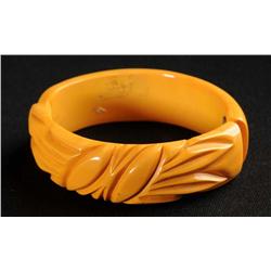 Bakelite Carved Yellow Hinged Bracelet.