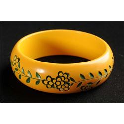 Bakelite Carved Yellow Bracelet with Floral Design