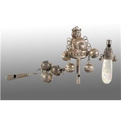 Lot of 3: Silver Baby Rattles & Whistle.