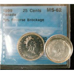 ERROR 1999 25¢ 90% Reverse Brockage CCCS MS63.  Quite stunni