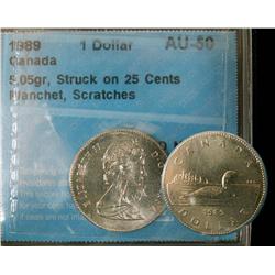 ERROR 1989 $1 Struck on a 25¢ planchet (5,05gr) CCCS AU50.  