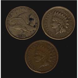 1857, 1859 and 1873 US 1¢.  Fine to VF