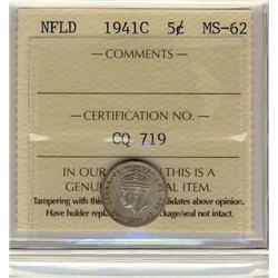 NFLD 1941C 5¢ ICCS MS-62