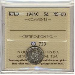 NFLD 1944C 5¢ ICCS MS-60