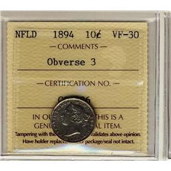 NFLD 1894 10¢ Obv3 ICCS VF-30